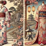 DALL·E 2024-10-18 18.09.15 – A detailed landscape image showcasing both a Japanese yukata and a kimono. On the left side, a person wearing a casual yukata with a simple, floral de