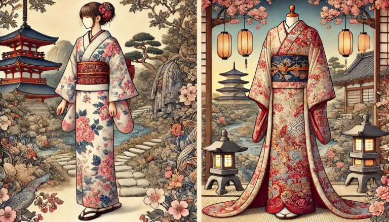 DALL·E 2024-10-18 18.09.15 - A detailed landscape image showcasing both a Japanese yukata and a kimono