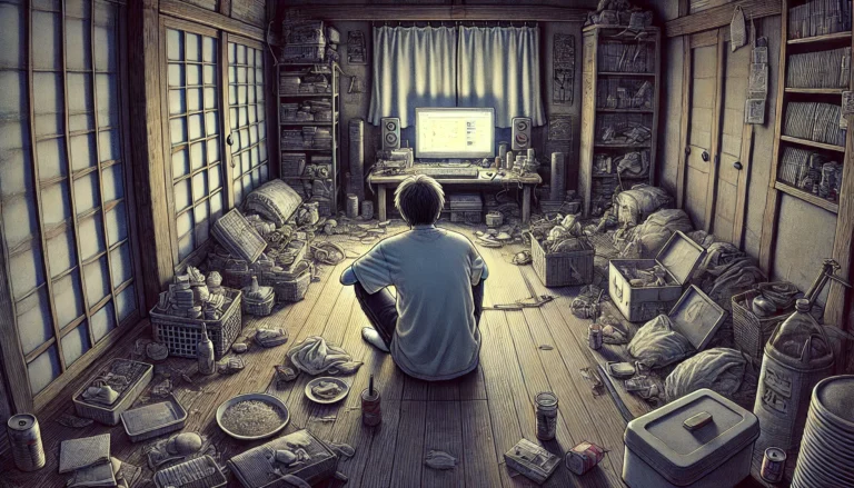 DALL·E 2024-10-19 22.58.41 - A detailed landscape image of a Japanese hikikomori. The person is sitting on the floor in a dark, cluttered room with their back facing the viewer