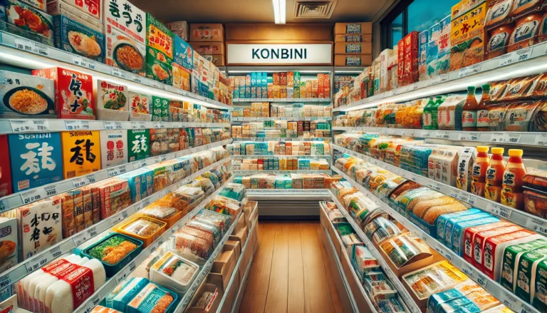 DALL·E 2024-11-04 22.51.19 - A landscape view of a Japanese convenience store (konbini) food shelf, filled with a variety of packaged foods